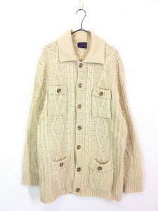 古着 70s USA製 Pendleton 4ポケット ケーブル編み ローゲージ ウール ニット 襟付 カーディガン L