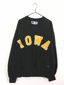 古着 90s USA製 Russell High Cotton 「IOWA」 ナイロン パッチ 前V ヘビー スウェット トレーナー L 古着