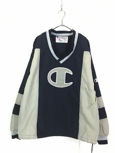 古着 90s Champion 紺×グレー バイカラー BIG ロゴ プルオーバー ナイロン ジャケット L 古着