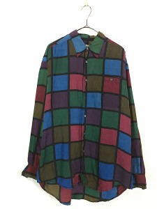 古着 90s J.T.BECKETT カラフル ウィンドウ チェック アート 総柄 シルク シャツ L Tall 古着