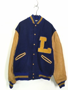 古着 80s USA製 TROPHY JACKETS 「L」 本革 レザー メルトン ウール スタジアム ジャケット スタジャン L