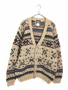 古着 80s WoolRich カラフル ネイティブ フェアアイル パターン ローゲージ ウール ニット カーディガン L