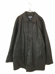 古着 90s LANDS' END パデッド 本革 オール ラムスキン レザー カー コート 黒 L