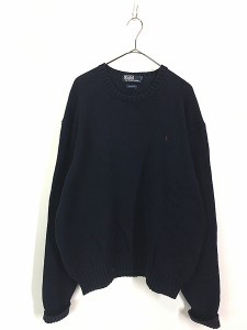 古着 Polo Ralph Lauren ワンポイント コットン ニット セーター 紺 XXL 古着