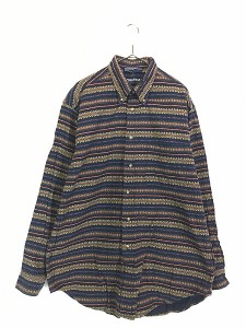 古着 90s Nautica ノルディック ボーダー BD フランネル シャツ ネルシャツ L 古着