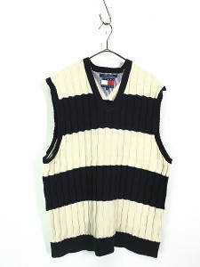 古着 90s TOMMY HILFIGER 白×黒 ボーダー ケーブル コットン ニット ベスト XL 古着