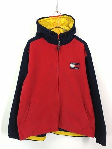 古着 90s TOMMY HILFIGER 特大 フラッグ フリース ジップ パーカー L 古着