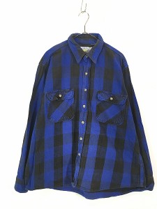 古着 90s ALASKA 黒青 ブルー ブロック チェック ヘビー フランネル シャツ ヘビネル XL