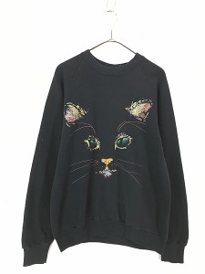 古着 80s USA製 猫 ネコちゃん フェイス アート スウェット トレーナー L 古着