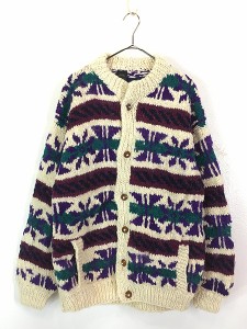 古着 90s エクアドル製 INDIAN WEAVINGS ネイティブ ボーダー ヘビー ウール ハンド ニット カーディガン XL位 古着