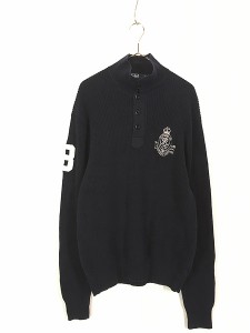 古着 Polo Ralph Lauren クレスト エンブレム 刺しゅう 襟付き コットン ニット セーター 紺 XL 古着