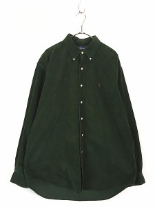 古着 90s Ralph Lauren ワンポイント ソリッド 細畝 コーデュロイ BD シャツ 緑 L 古着