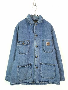 古着 80s USA製 Carhartt 裏地 チェック ブランケット デニム ミシガンチョア カバーオール ジャケット M 古着