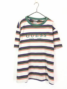 古着 GUESS EST 1981 100%コットン マルチ ボーダー Tシャツ L