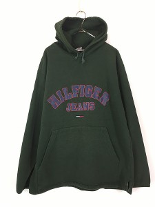 古着 90s USA製 TOMMY JEANS ラバー アーチ プリント リブなし スウェット パーカー L 古着