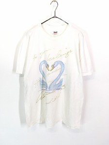 レディース 古着 90s USA製 anvil 白鳥 アニマル 切手 デザイン アート Tシャツ XL 古着