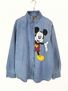 レディース 古着 90s USA製 Disney ミッキー プリント ダンガリー デニム シャツ L 古着