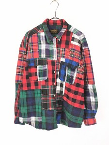 レディース 古着 80s USA製 Eddie Bauer カラフル チェック パッチワーク フランネル 開襟 シャツ ネルシャツ L位 古着