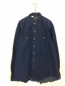 古着 70s 濃紺 ブルー デニム ウエスタン シャツ 17-35