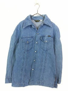 古着 70s USA製 Wrangler 開襟 ブルー デニム ウエスタン シャツ ジャケット L位