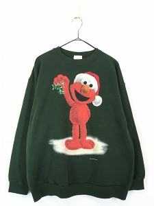 古着 90s SESAME STREET セサミ エルモ クリスマス コスチューム 両面 スウェット トレーナー L 古着