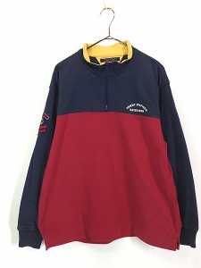 古着 90s TOMMY HILFIGER Navigator 紺×赤 バイカラー ハイネック ハーフジップ 長袖 Tシャツ L 古着