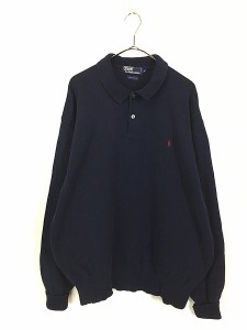 古着 90s Polo Ralph Lauren ワンポイント ソリッド 襟付き コットン ニット セーター 紺 XXL 古着