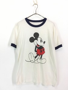 古着 80s Disney Mickey ミッキー 白足 キャラクター リンガー Tシャツ L位 古着
