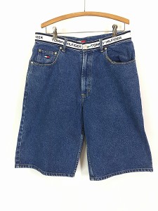 古着 90s TOMMY JEANS ロゴ テープ デニム ワイド ショーツ ショート パンツ W35 古着