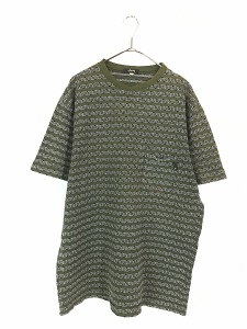 古着 80s STUSSY 最初期 黒タグ 100%コットン ジャガード ボーダー ポケット Tシャツ ポケT XL