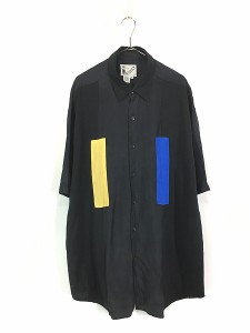 古着 90s Goouch 異素材 カラー ブロッキング アート 半袖 シルク シャツ XL