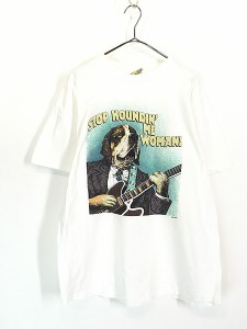 古着 90s USA製 BIG DOGS 「STOP HOUNDIN' ME WOMAN!」 犬 ギター アート Tシャツ XL 古着