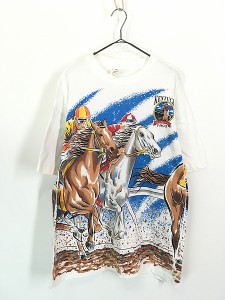 古着 90s KENTUCKY ウマ 競馬 オールオーバー アート Tシャツ L 古着