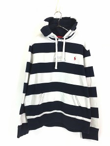 古着 Polo Ralph Lauren 紺×白 ボーダー スウェット ラガー シャツ パーカー L 古着