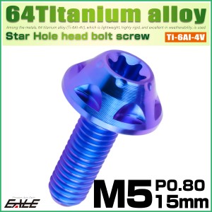 チタンボルト M5×15mm P0.8 ボタンボルト トルクス穴 ブルー スターホール JA1220