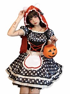 [milky time] 赤ずきん コスプレ ハロウィン ワンピース マントセット ロリータ 大人 ウェイトレス風 ミニ丈 ドット柄