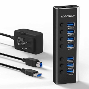 USBハブ 3.0 ROSONWAY アルミ製 7ポート USB3.0 Hub 24W電源付き バスパワーとセルフパワー両用 独立スイッチ 5Gbps高速転送、12V/2A AC