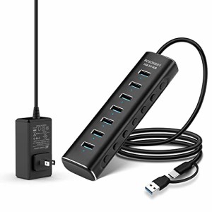 ROSONWAY USBハブ3.0 電源付き 7ポート 2 in 1 ケーブル 付き 24W USB Hub アルミ製 5Gbps高速転送 セルフパワーとバスパワー両用 12V 2A