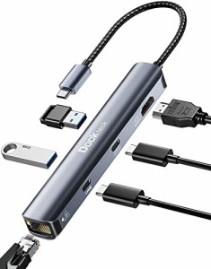 Dockteck 6-in-1 usb ハブ type-c, usb c ハブ 4K@60Hz HDMI ポート PD 100W USB-cポート 2×USB 3.0 1Gbpsイーサネット ポート搭載 type