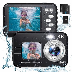 HICSHON 水中カメラ 4K 防水カメラ オートフォーカス IP68防水 64GBカード付属 デジタルカメラ デジカメ 4800万画素 自撮りカメラ デュア