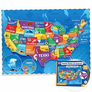 子供用米国パズル - 70ピース - 米国地図パズル 50州 首都 - 子供用ジグソーパズル 地理パズル 4~8歳 5歳 6歳 7歳 8~10歳 - 米国のパズル