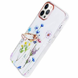 YUYIB iPhone13 Pro 用 ケース リング付き クリア 花柄 かわいい おしゃれ キャラクター 女性人気 耐衝撃 スマホケース 携帯カバー iPhon