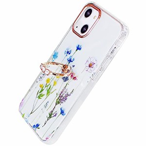 YUYIB iPhone13 6.1 用 ケース リング付き クリア 花柄 かわいい おしゃれ キャラクター 女性人気 耐衝撃 スマホケース 携帯カバー iPhon