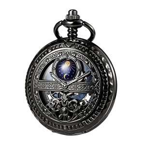 [TREEWETO] 機械式 懐中時計 黒 ローマ数字 月と太陽のデザイン チェーン＋ギフト ボックス 付き