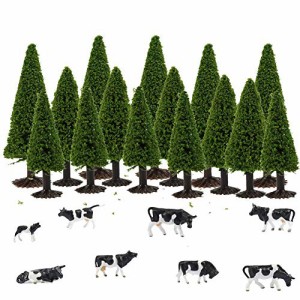 情景コレクション 樹木 モデルツリー ツリー模型 6-10cm 3サイズミックス 15本 +牛模型 ウシ模型 8本 1/87 HOゲージ用 風景 箱庭 鉄道模