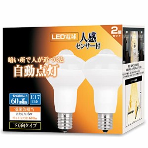 LED電球 人感センサー付 E17口金 60形相当 電球色 6W 610lm 下方向タイプ 明暗センサー付 小型電球 玄関/廊下/トイレ 2個セット LDA6L27-