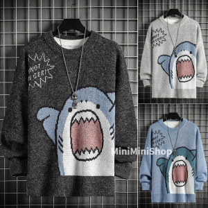 秋冬 レトロな セーターセット 韓国風 メンズ 丸首 セーター デザイン サメの柄が特徴 なカジュアルなニットセーター