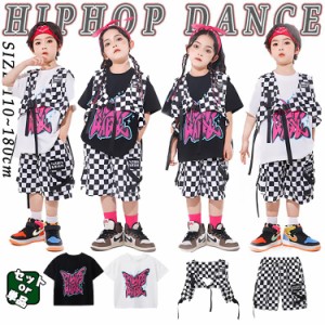 白 黒 チェック柄 キッズ ダンス衣装 セットアップ 女の子 男の子 チア チアガール トップス ロングtシャツ ベスト ショートパン おしゃ