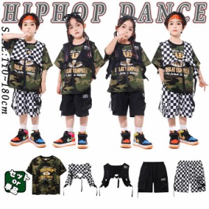 迷彩柄 チェック柄 キッズ ダンス衣装 セットアップ 女の子 男の子 チア チアガール トップス ロングtシャツ ベスト ショートパン おしゃ