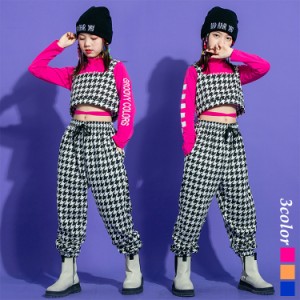 キッズ ダンス衣装 セットアップ 女の子 ダンス衣装 キッズ ショート丈 トップス へそ出し キッズ パンツ チェック柄 重ね着用 可愛い K-